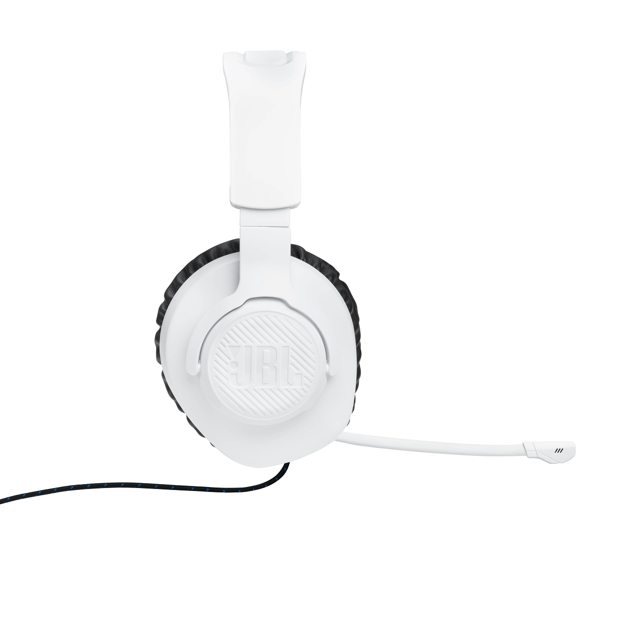 Weißes JBL-Headset mit Mikrofon, von oben und zentriert gesehen.