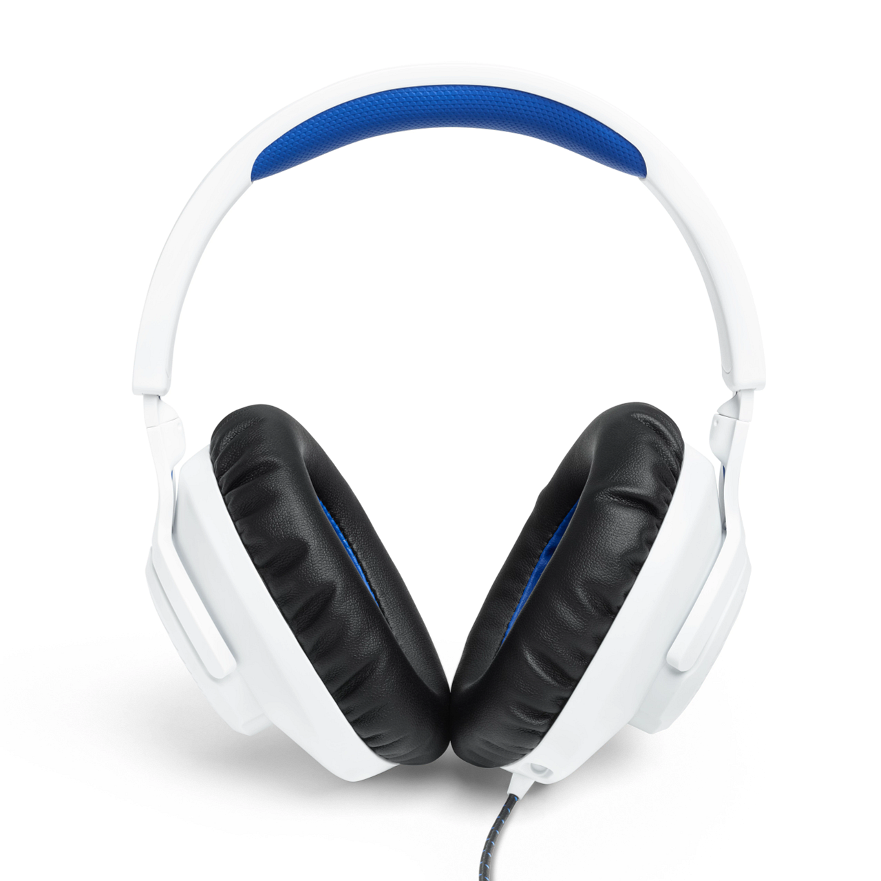 Weiße Kopfhörer. Over-Ear-Kopfhörer mit weißem Äußeren, schwarzen Ohrmuscheln und blauen Akzenten.