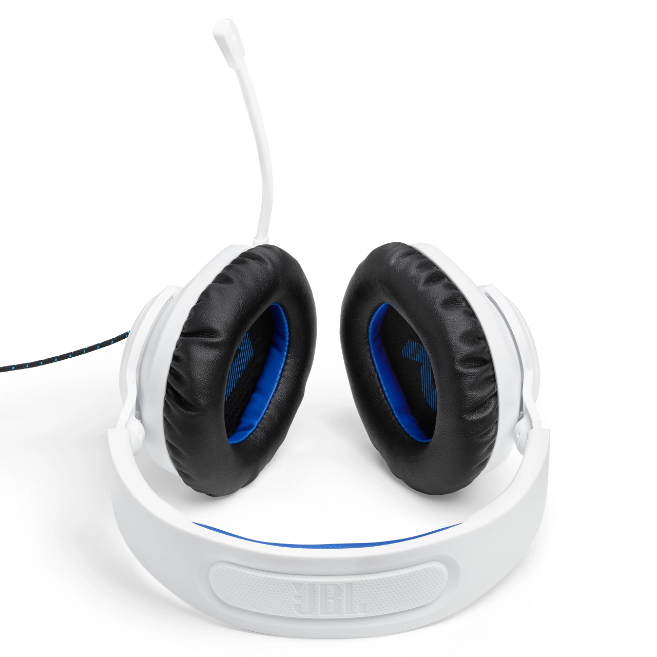 Weißes Gaming-Headset mit schwarzen Ohrmuscheln, blauen Akzenten und Mikrofon auf weißem Grund.
