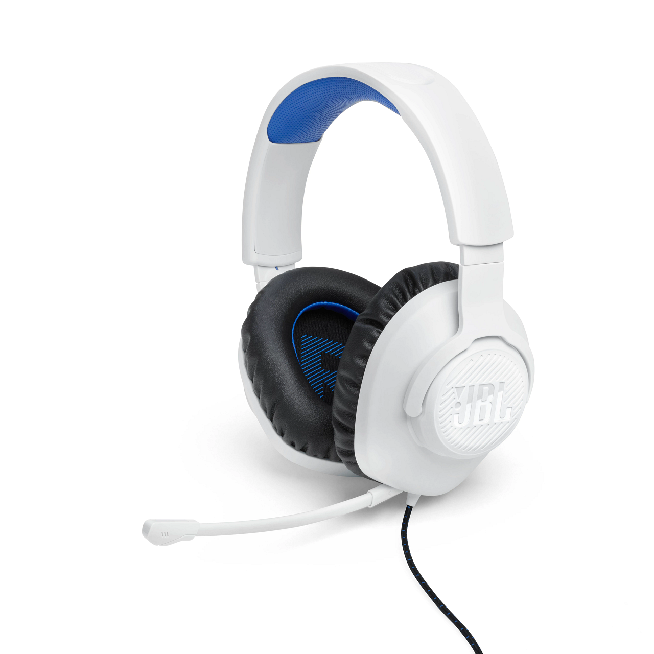 Weiße Kopfhörer mit schwarzen Ohrmuscheln und blauen Akzenten, mit Mikrofon. JBL-Logo.