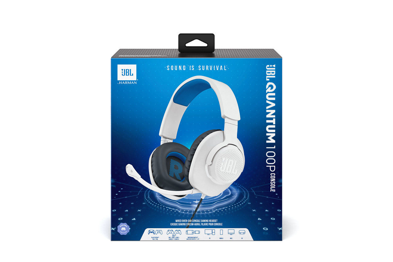 JBL Quantum 100P Konsolen-Gaming-Headset-Box auf weißer Oberfläche.
