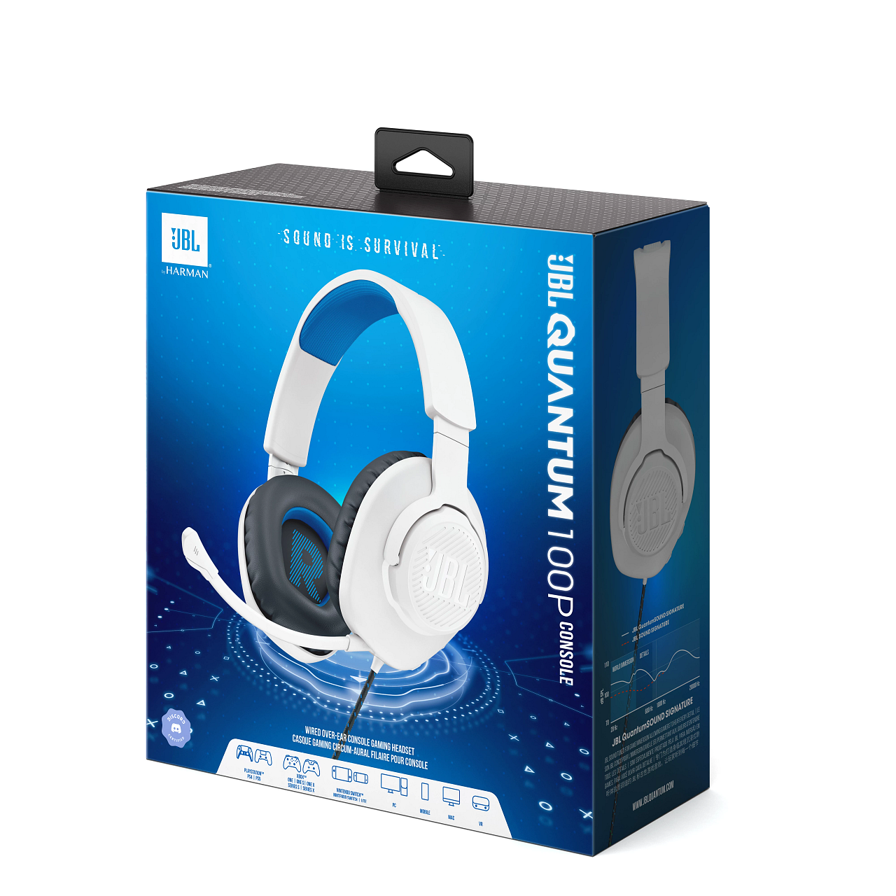 Ein weißes und blaues JBL Gaming-Headset wird auf weißem Hintergrund präsentiert.