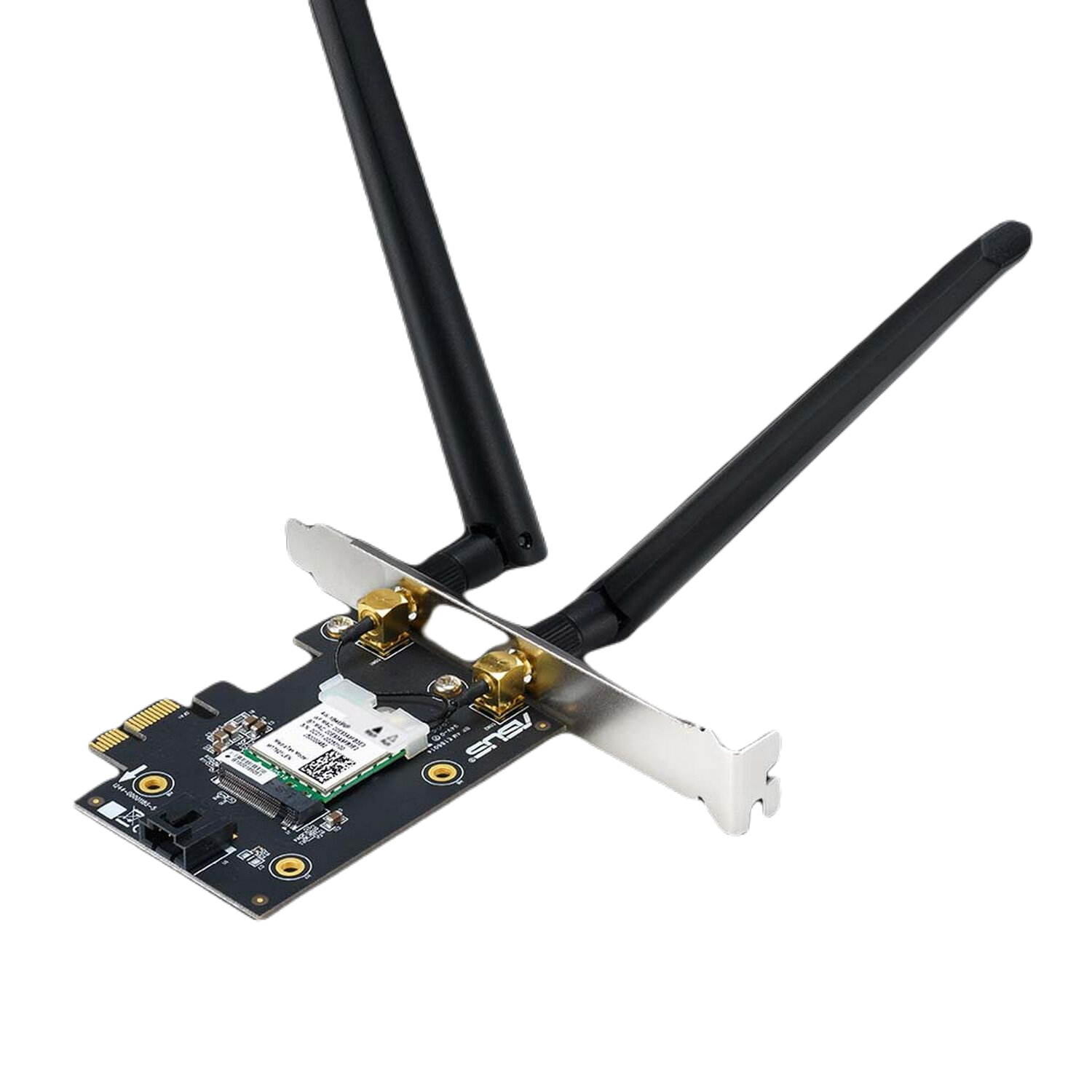 Black and silver ASUS WiFi card with antennas, installed in a computer.