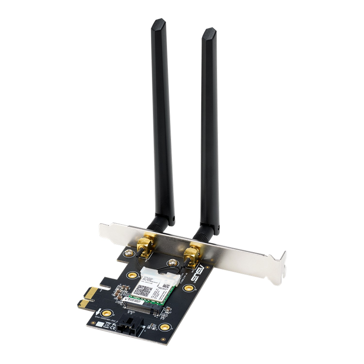 A black and silver ASUS Wi-Fi card with two antennas, mounted on a white background.