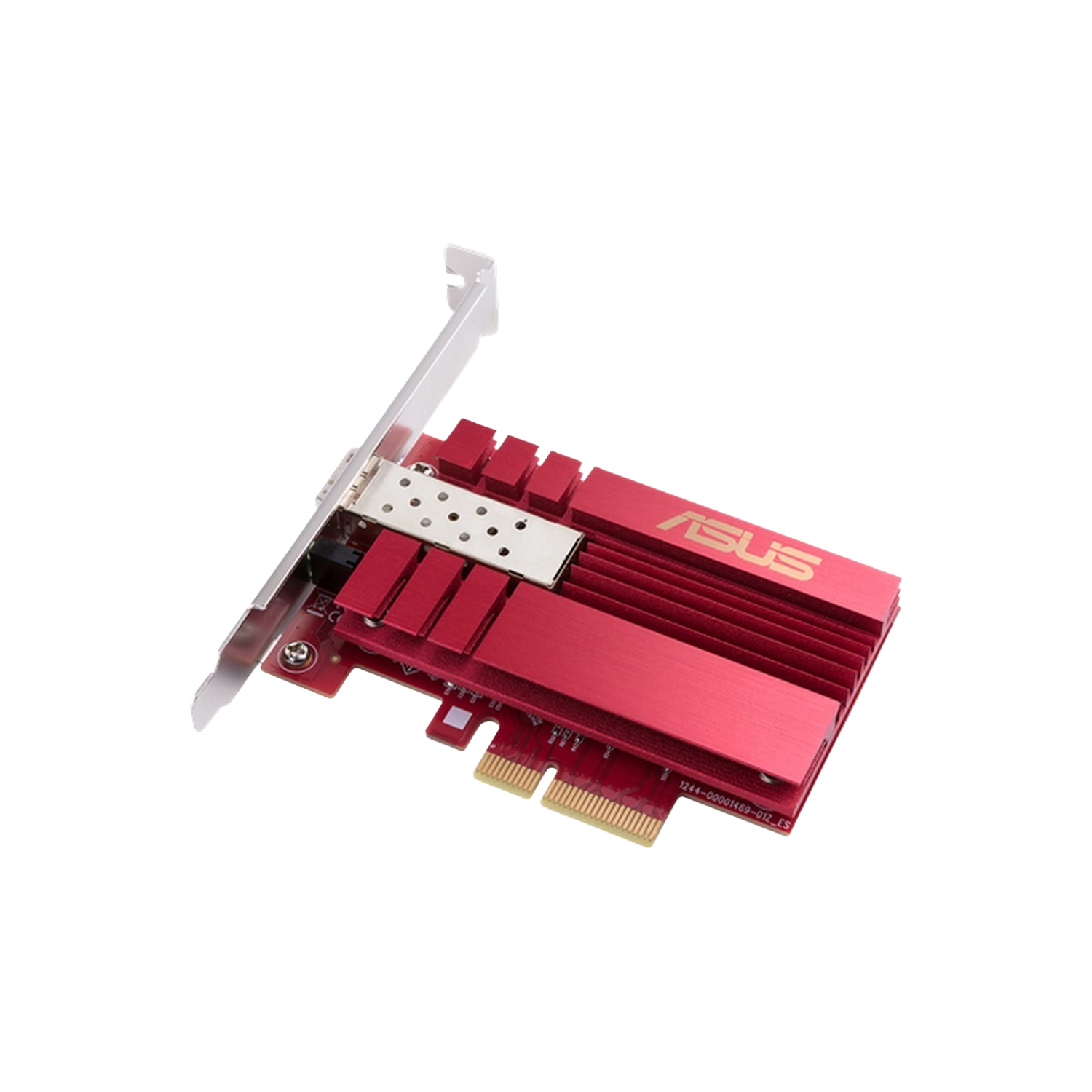 Red computer component with the word "ASUS" written on it. The background is black.