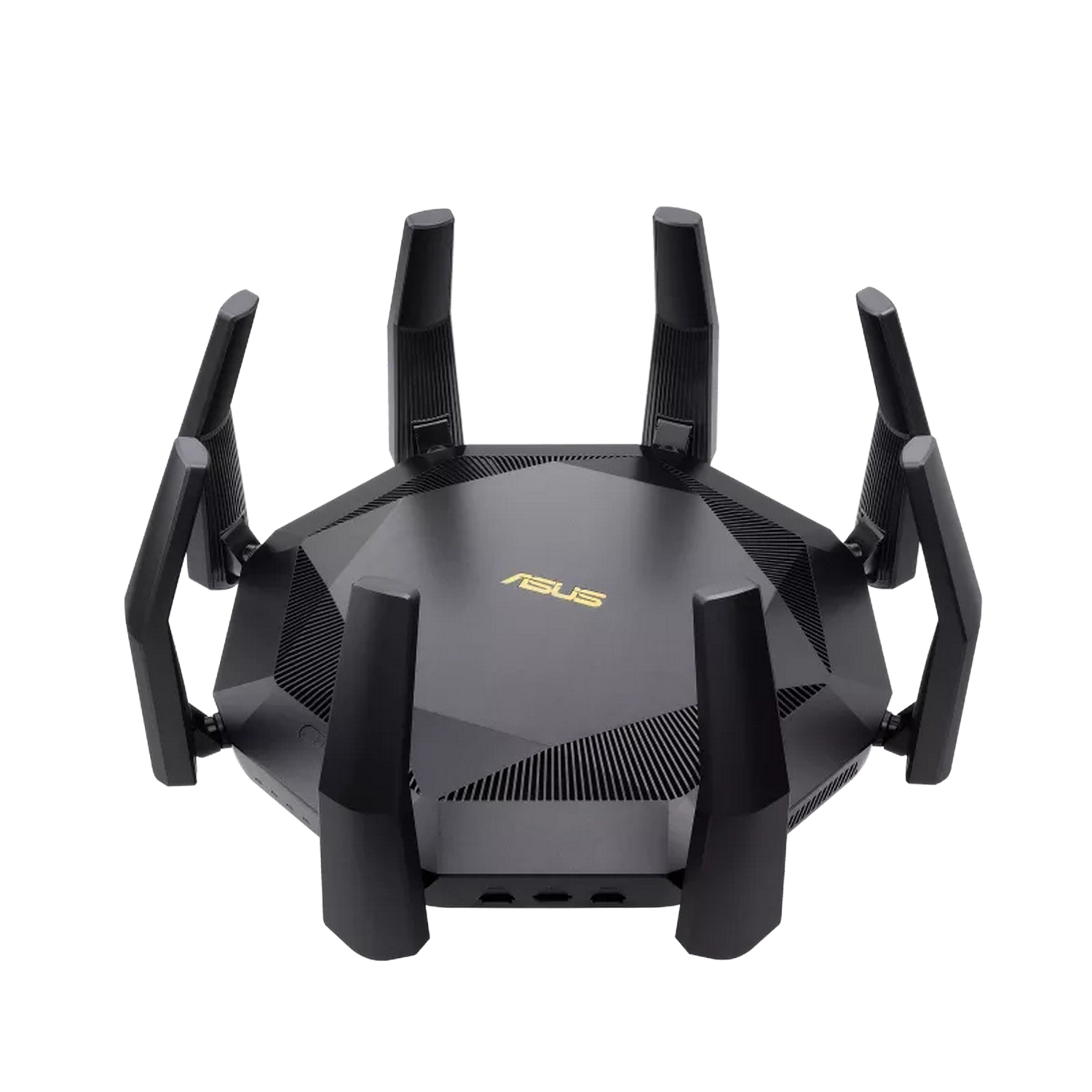 Routeur ASUS noir avec six antennes. Design angulaire. Logo ASUS.