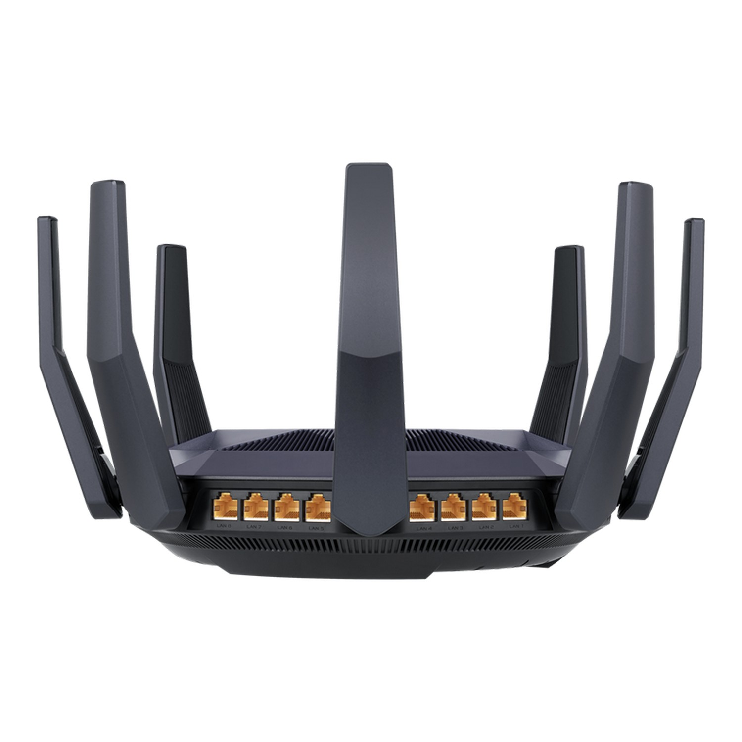 Un routeur ASUS noir avec plusieurs antennes et ports, vu d'en haut.