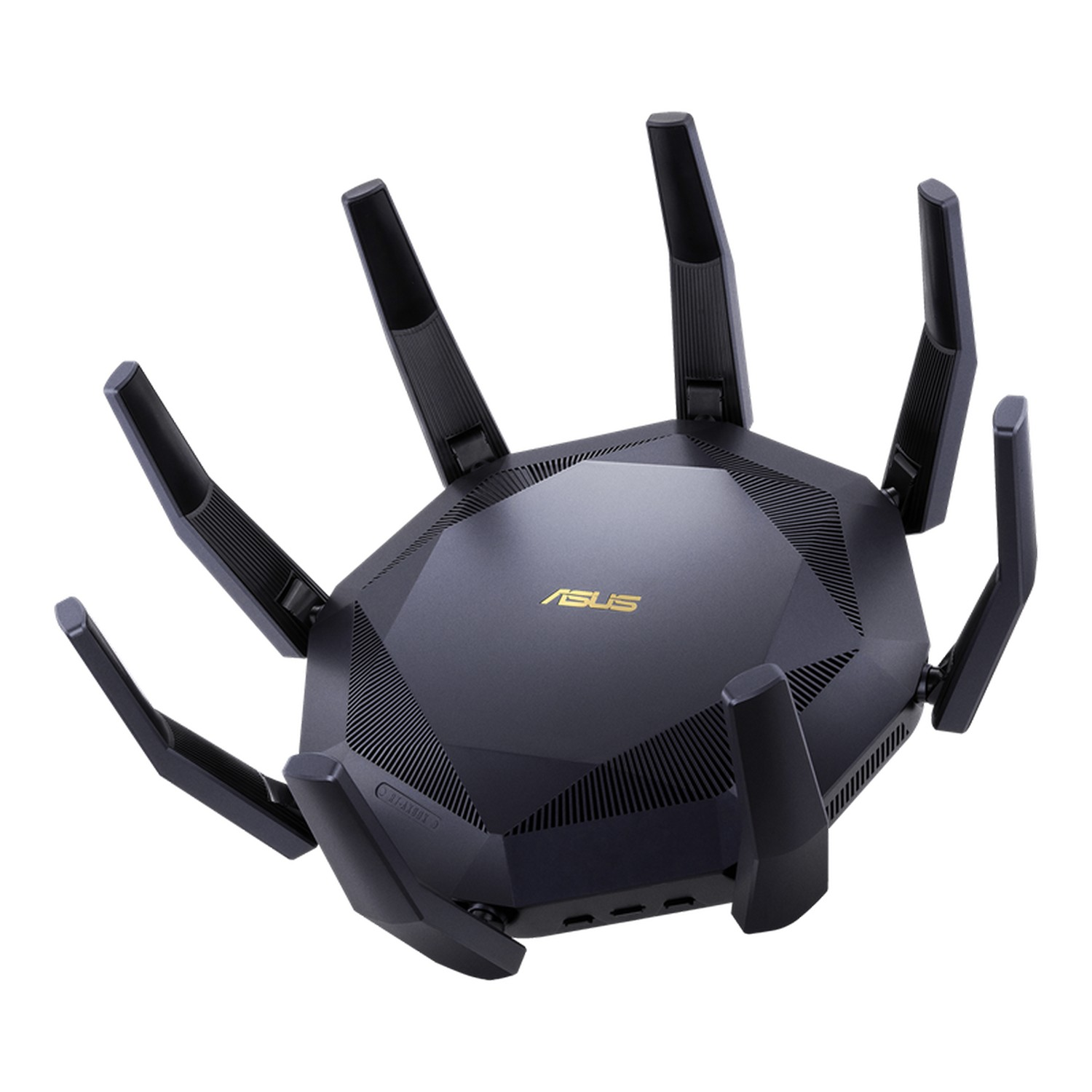 Routeur ASUS noir avec plusieurs antennes, vue de dessus.