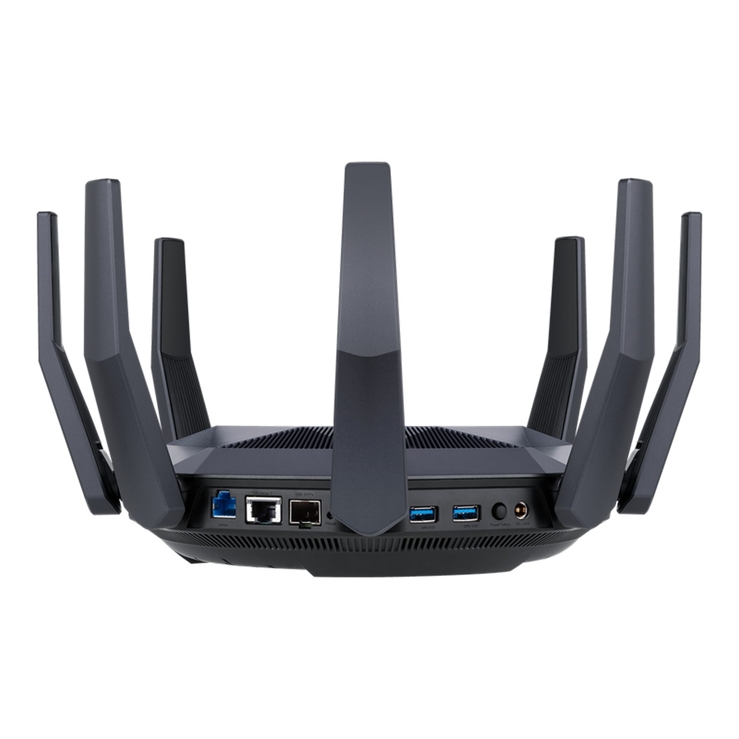 Routeur sans fil noir avec plusieurs antennes, ports et connecteurs à l'arrière.