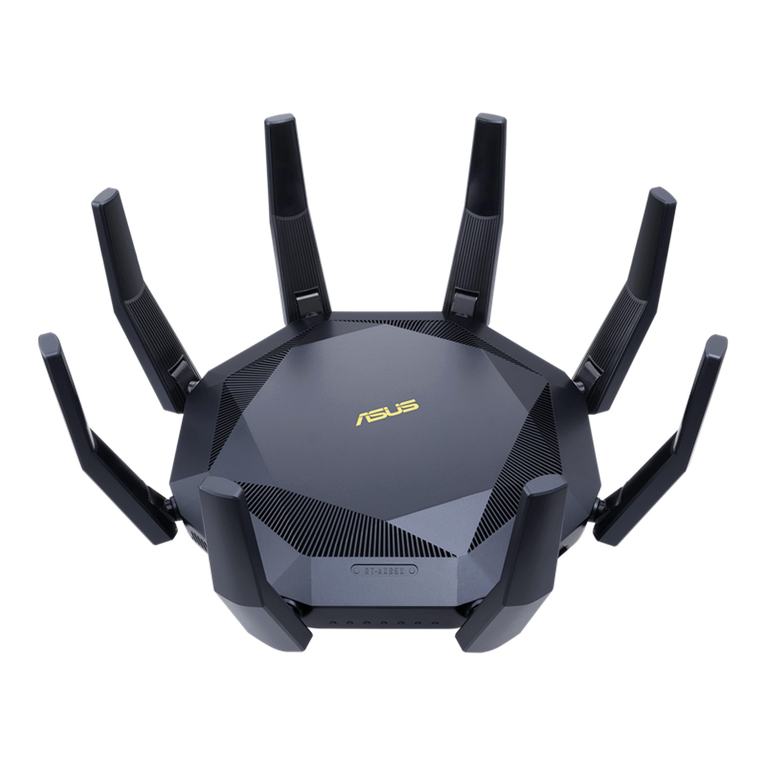 Routeur ASUS noir avec plusieurs antennes, vue de dessus, sur fond blanc.