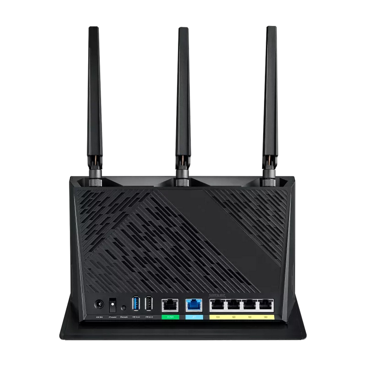 Een zwarte router met meerdere antennes en poorten, geplaatst op een tafel. Het heeft een ASUS-logo.