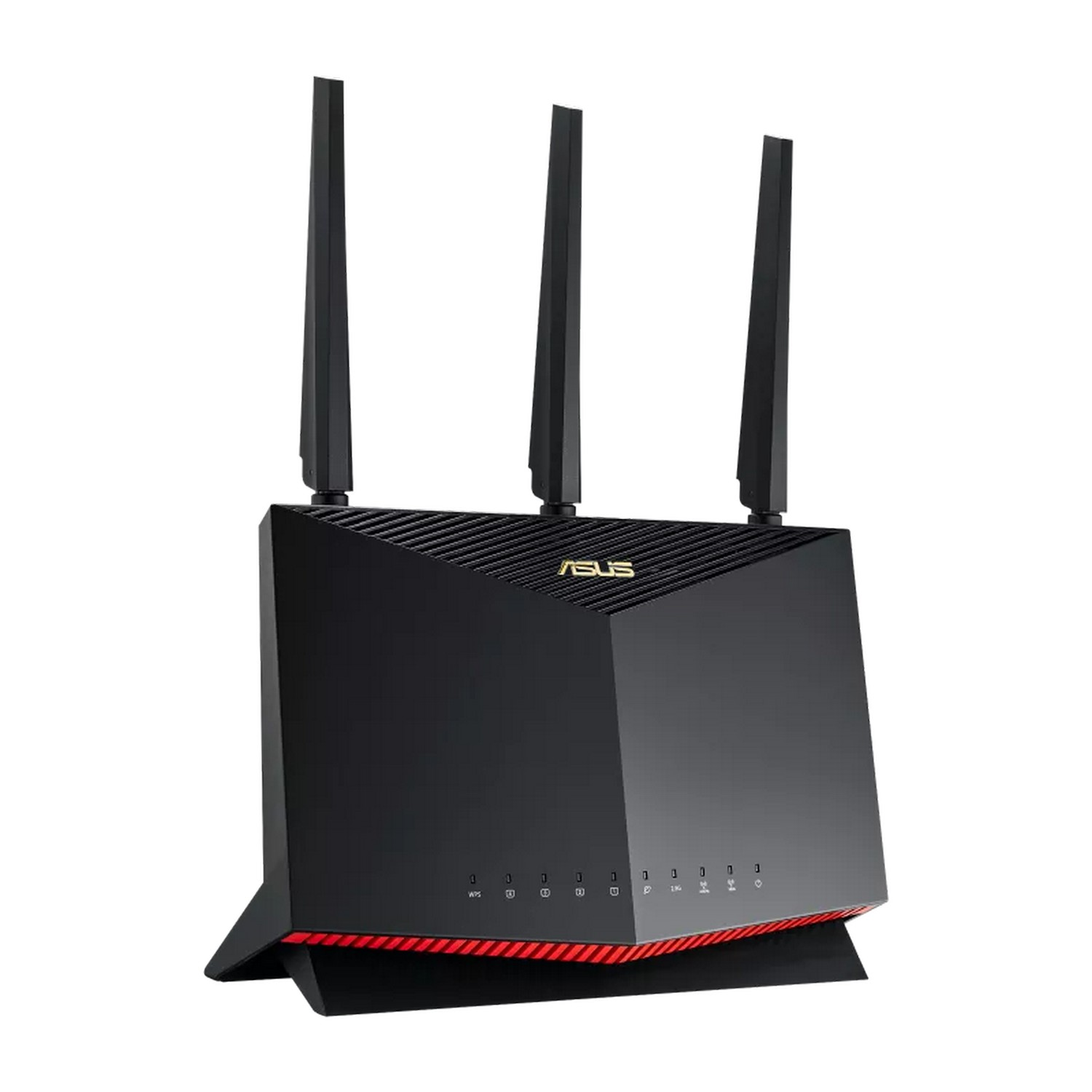 Een zwarte router met drie antennes. Het heeft het ASUS-logo en rode lampjes aan de voorkant.