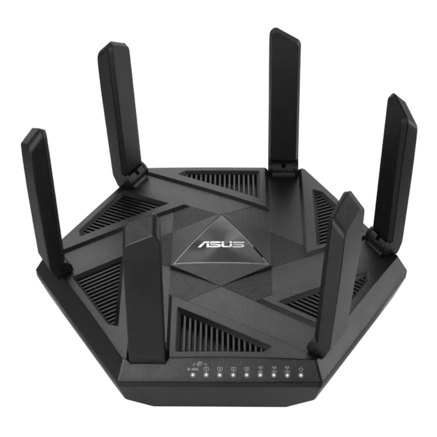 Zwarte ASUS-router met zes antennes en meerdere indicatielampjes.