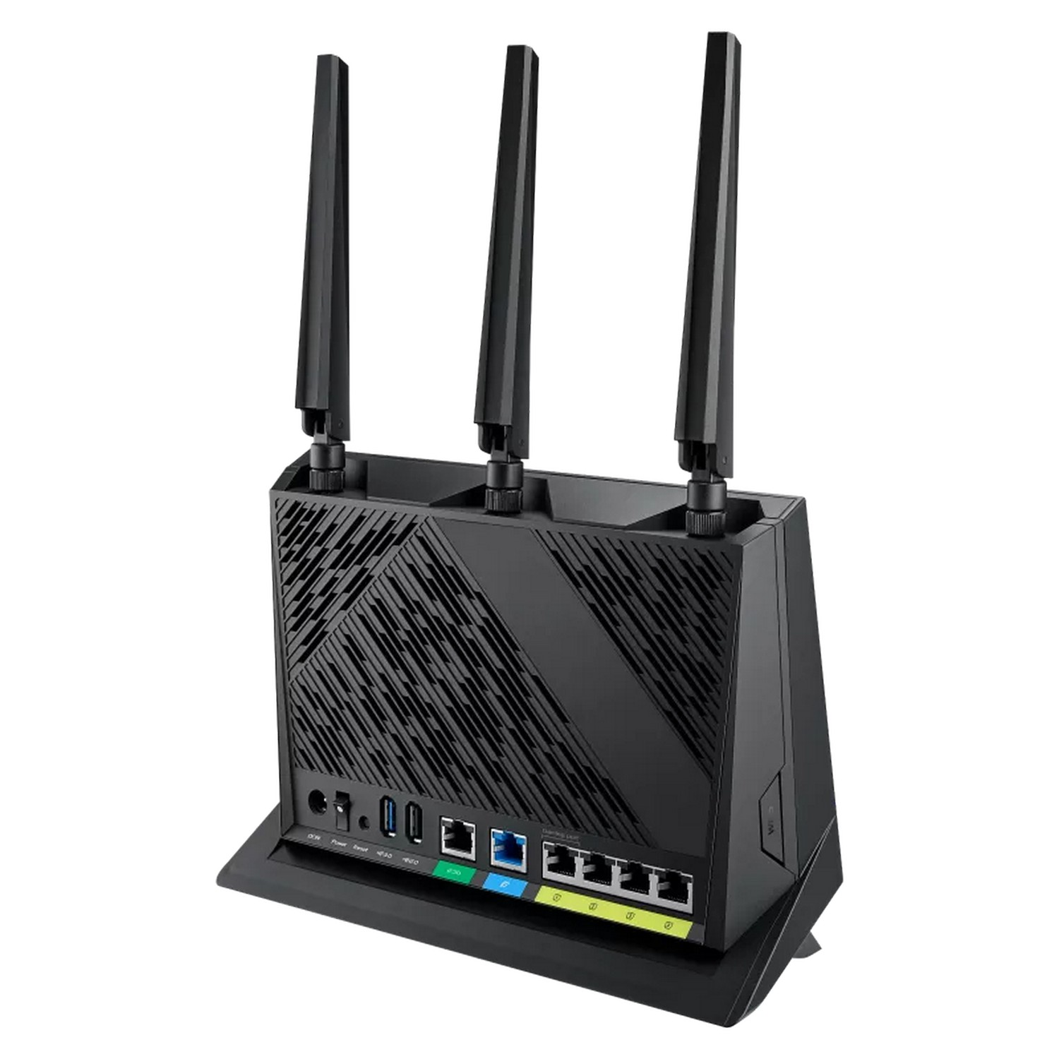 Zwarte router met drie antennes. Staat op een zwart statief met meerdere poorten.