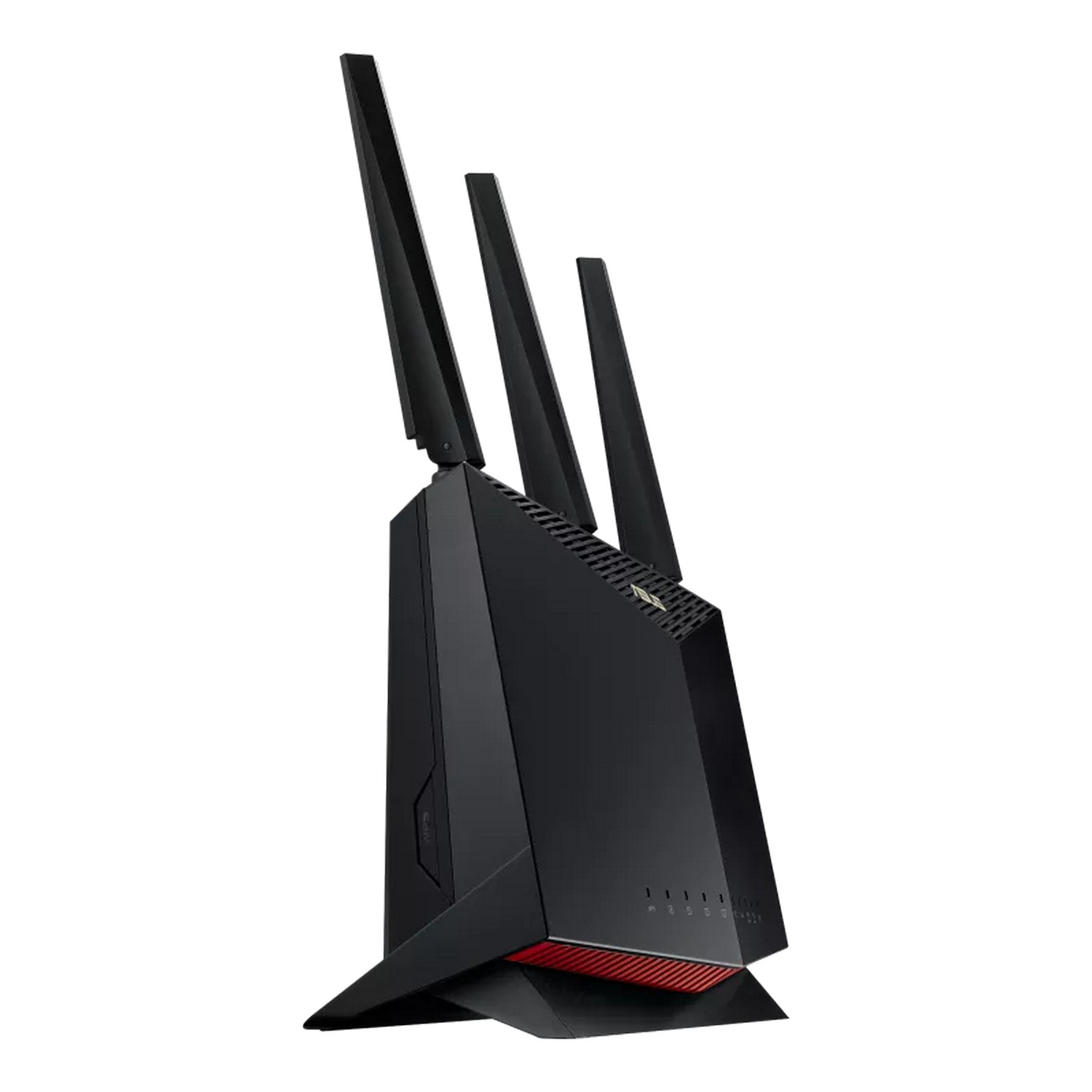 Zwarte router met drie antennes, op een witte achtergrond.