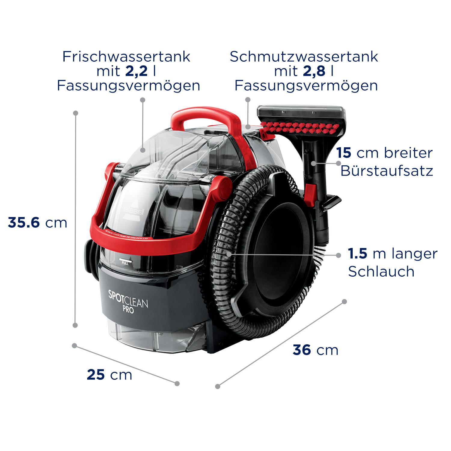 Ein Spot-Cleaner-Gerät mit Messungen und Beschriftungen, schwarz-rotes Farbschema.
