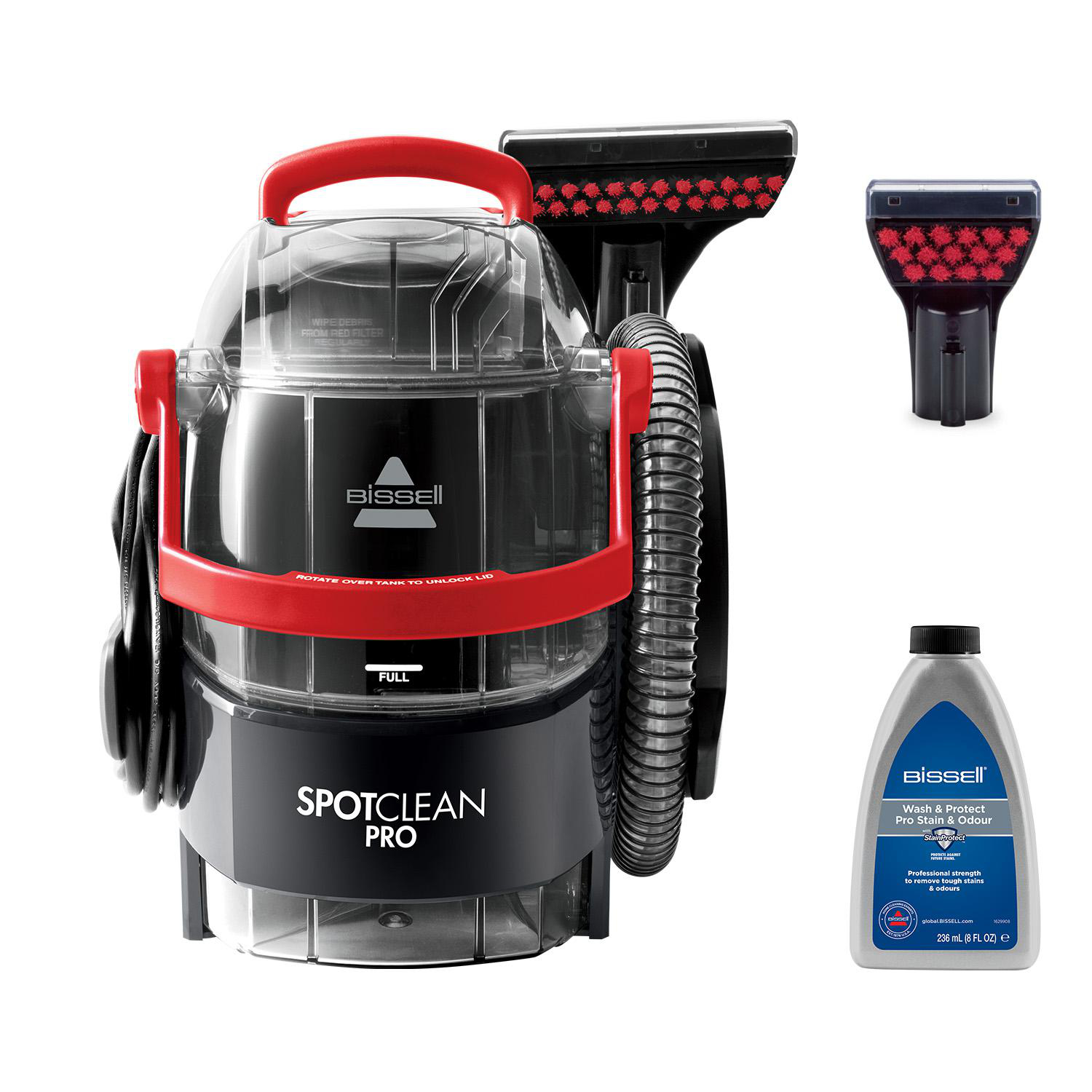 Schwarzer und roter Bissell SpotClean Pro mit Zubehör.