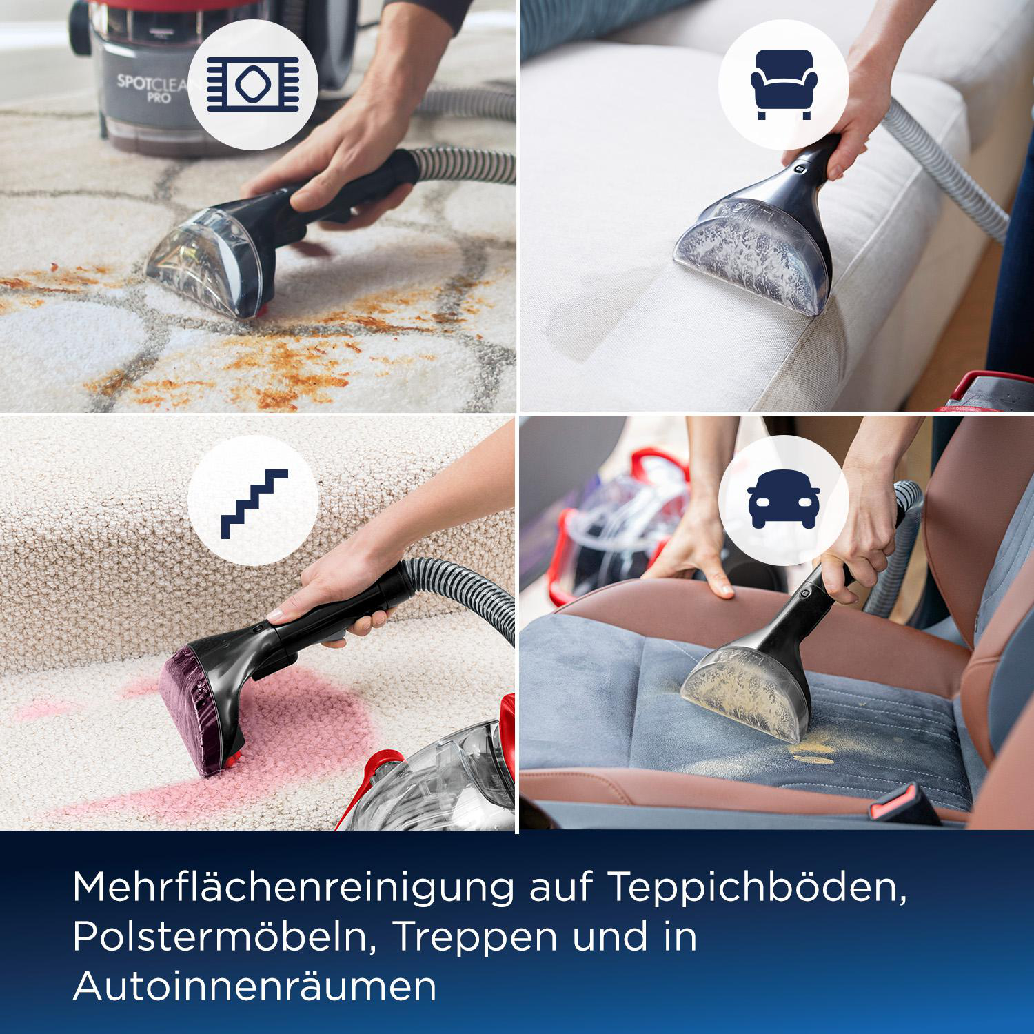 Reinigungsgerät im Einsatz auf Teppichen, Polstern, Treppen und Autoinnenräumen.