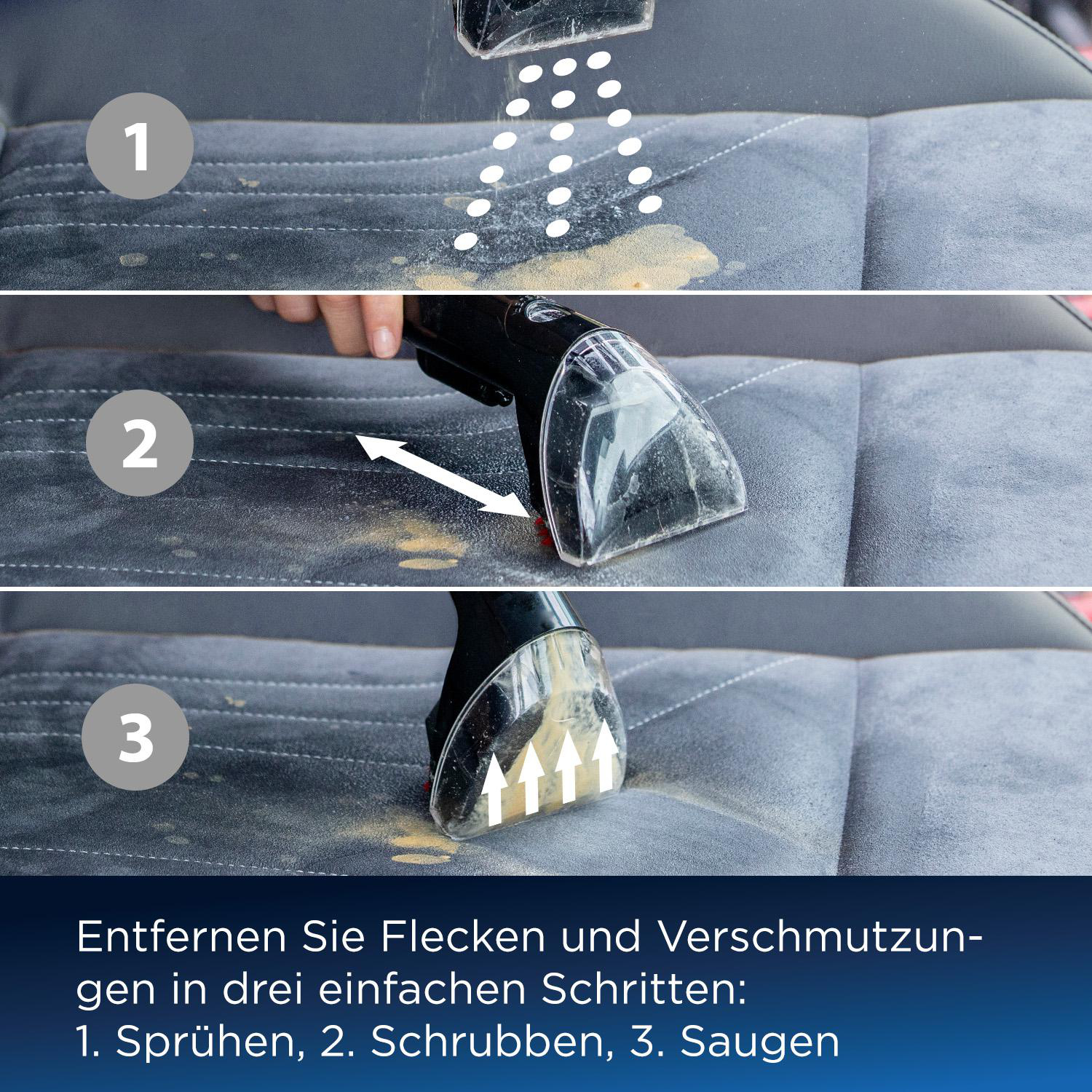 Dreistufiger Prozess zur Reinigung von Autositzen: Sprühen, Schrubben, Saugen.