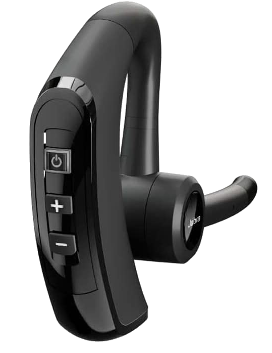 Egy fekete Jabra Bluetooth headset bekapcsoló, hangerő és némító gombokkal.