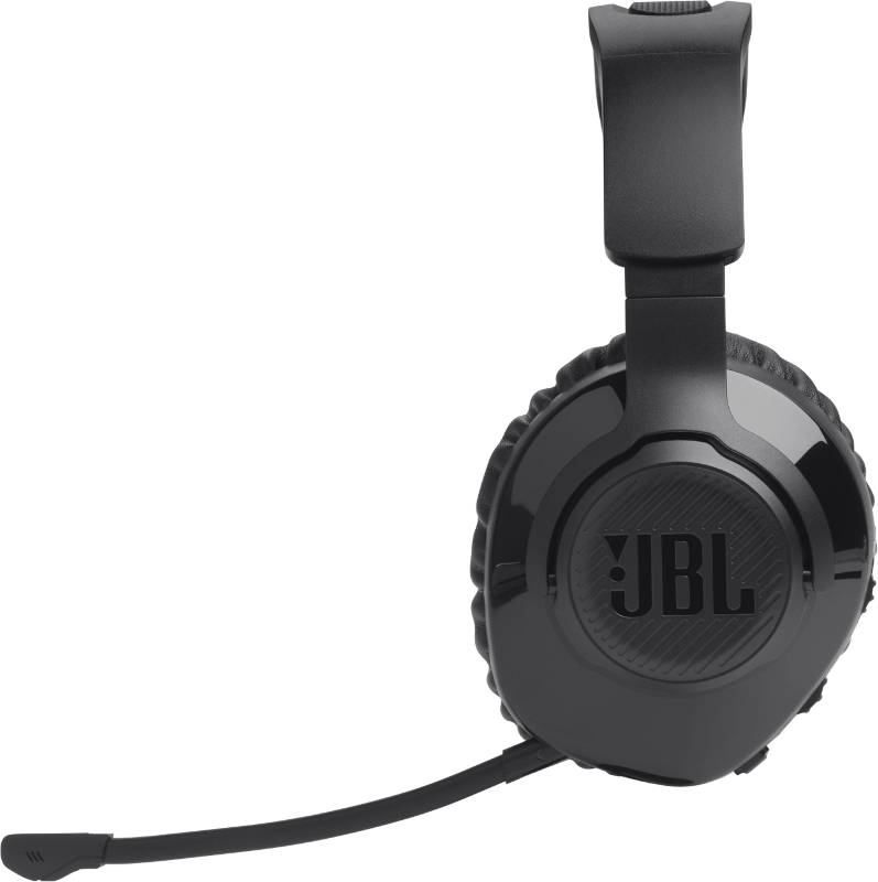 Schwarzer JBL-Kopfhörer mit Mikrofon. Der Kopfhörer befindet sich auf schwarzem Hintergrund.