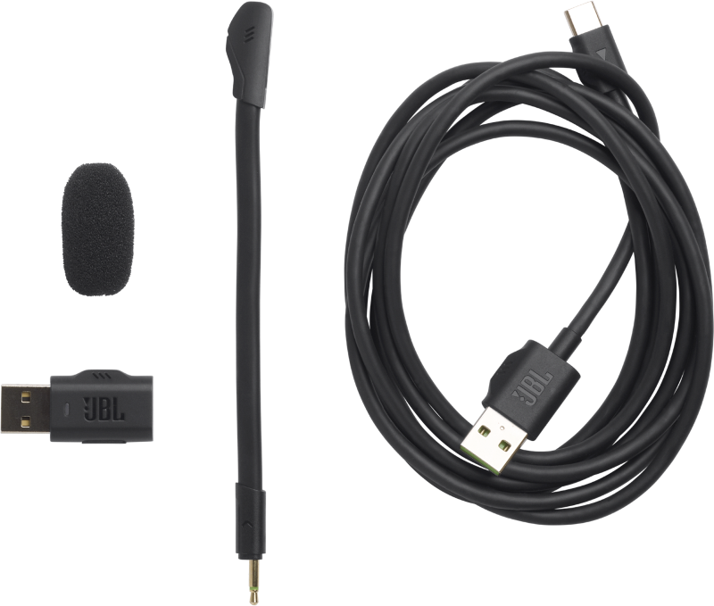 JBL USB-Mikrofon- und Kabelsatz, mit schwarzem Mikrofon und USB-Stecker.