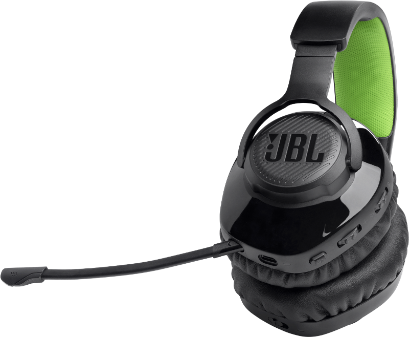Schwarze JBL Kopfhörer mit Mikrofon. Der innere Teil des Kopfbands ist grün.