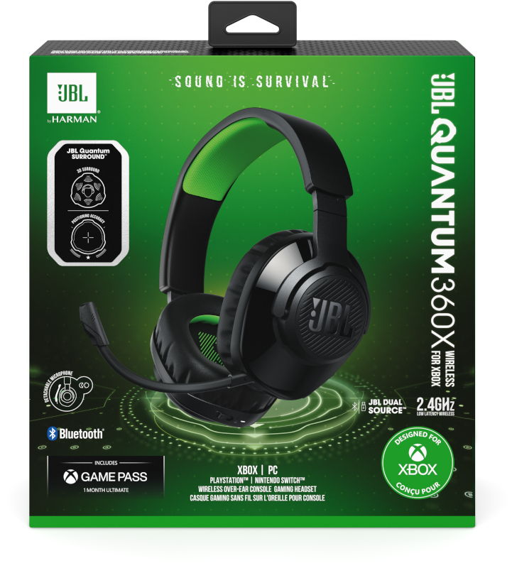 Eine JBL Quantum 360X Headset-Box. Die Box ist hauptsächlich schwarz und grün, mit dem Headset und den Funktionen.