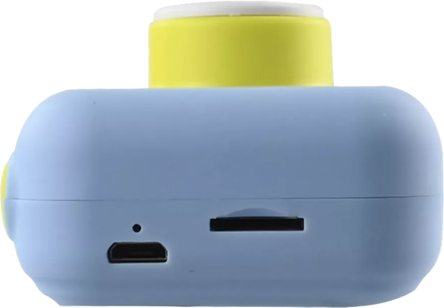 Nahaufnahme einer blau-gelben Kamera. Sie hat einen Mini-USB-Anschluss und einen SD-Kartensteckplatz.