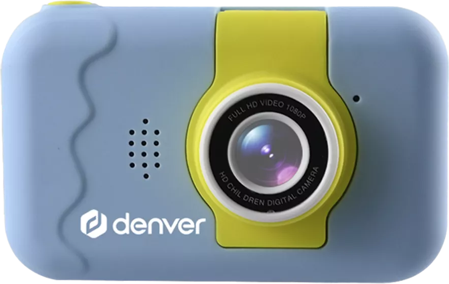 Blaue und gelbe Kamera. Denver-Logo. Kameraobjektiv in der Mitte.