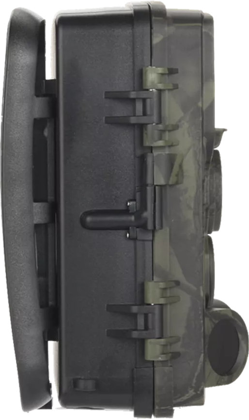 Schwarz- und Camo-Trail-Kamera mit Clip. Seitenansicht, schwarzer Clip links.