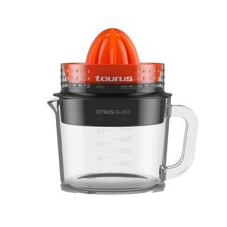 Exprimidor - Taurus Citrus Glass, doble sentido de rotación, eléctrico,  jarra de cristal de 1 L, regulador de pulpa, desmontable, naranja y negro.