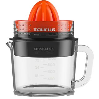 Exprimidor - Taurus Citrus Glass, doble sentido de rotación, eléctrico,  jarra de cristal de 1 L, regulador de pulpa, desmontable, naranja y negro.