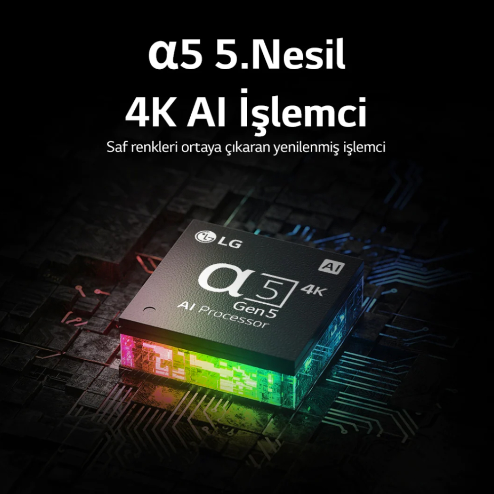 LG AI işlemci. Renkli ışıklar ve Türkçe metin içeren siyah bir işlemci.