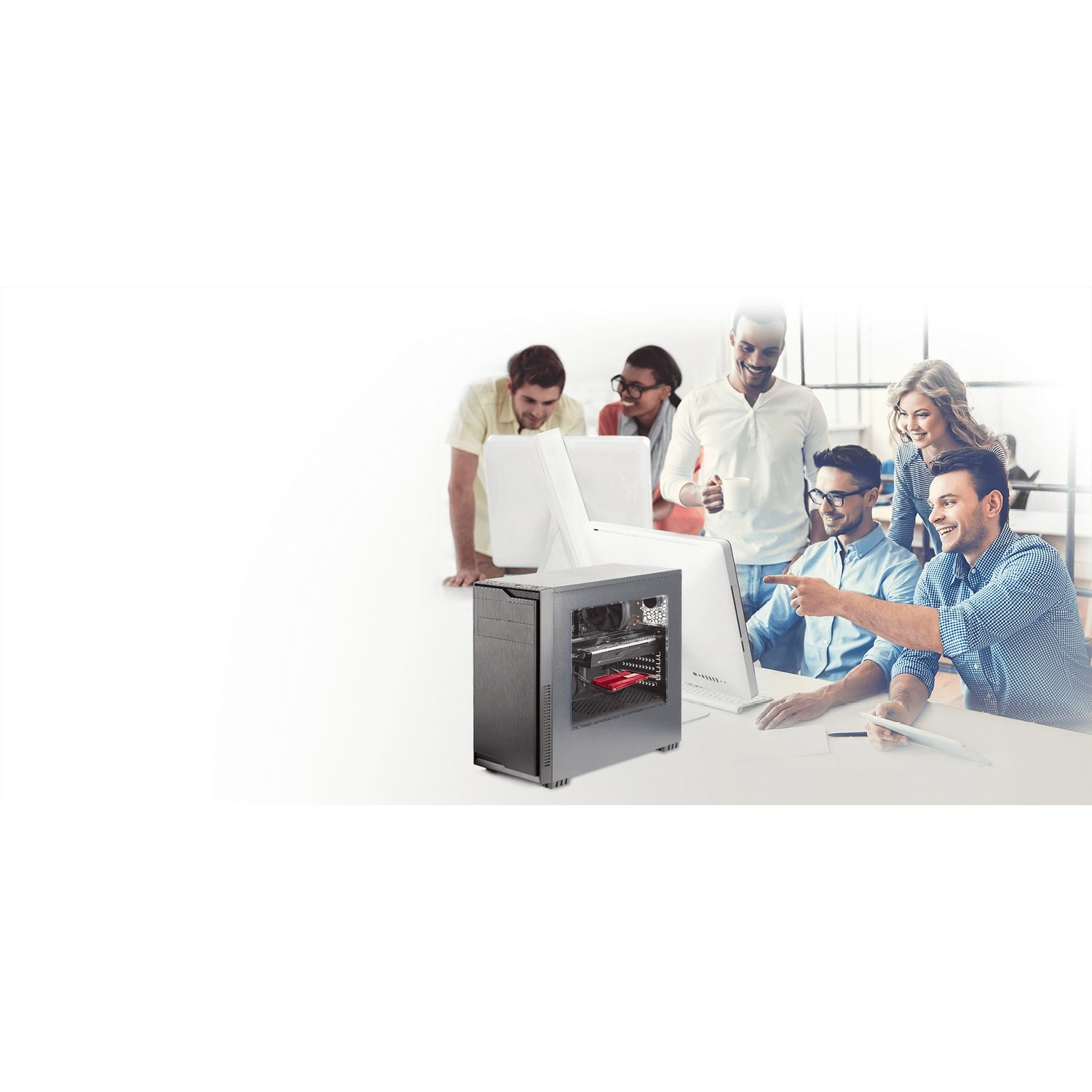 A group of people looking at a computer.