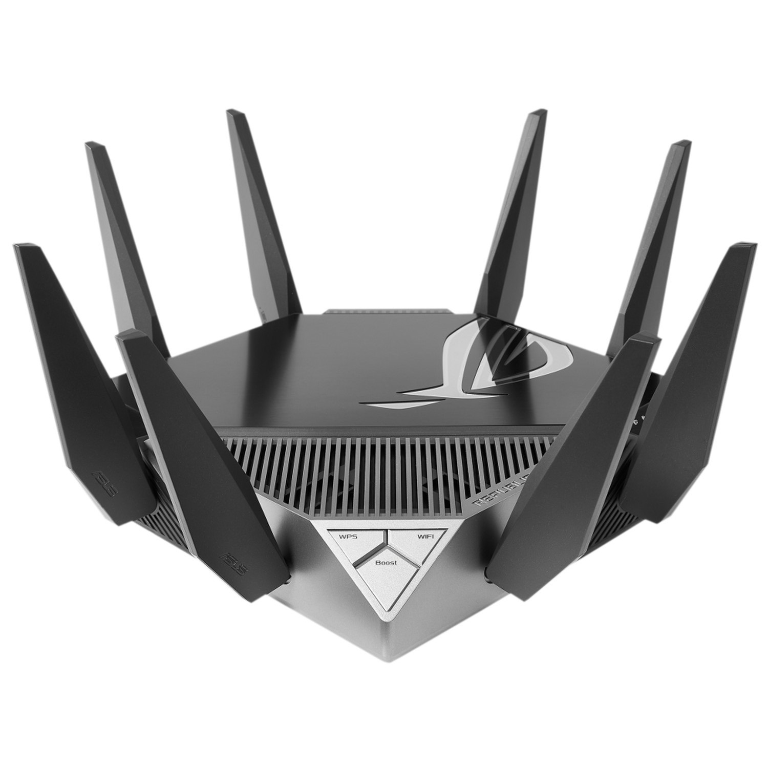 Un routeur ASUS noir avec plusieurs antennes sur une surface blanche.