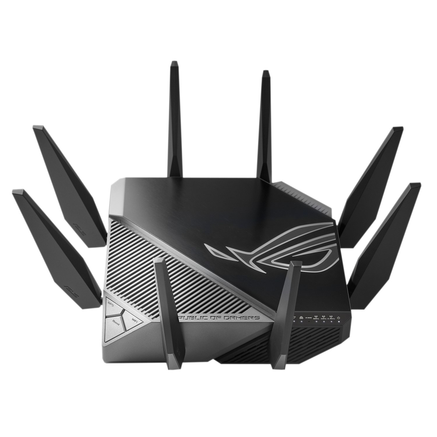 Routeur de jeu noir avec plusieurs antennes et le logo ROG.