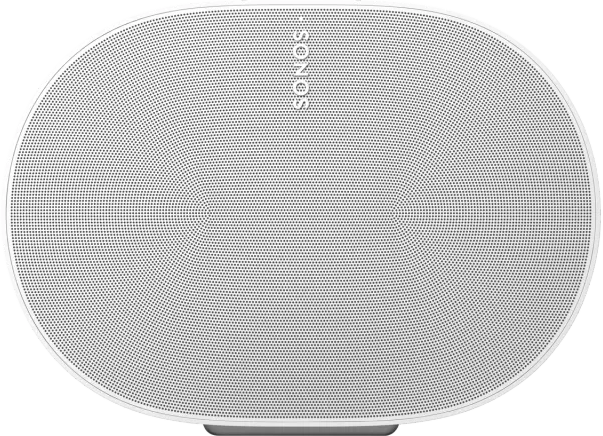 Weißer, ovaler Sonos-Lautsprecher mit Markennamen in der Mitte.