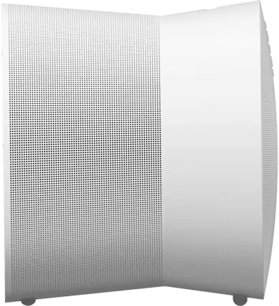 Weißer Lautsprecher, Seitenansicht, mit perforierter Front und abgerundeten Kanten.