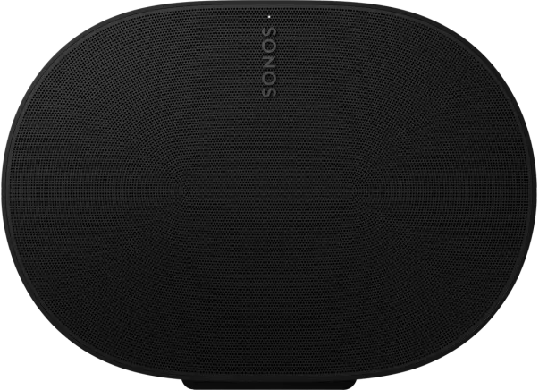 Schwarzer Sonos-Lautsprecher mit Mesh-Front und Markennamen.