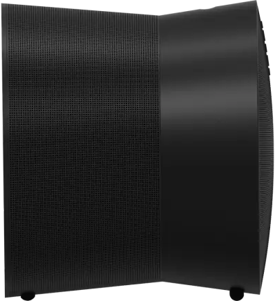 Schwarzer Lautsprecher mit perforierter Frontplatte und geschwungenem Design.
