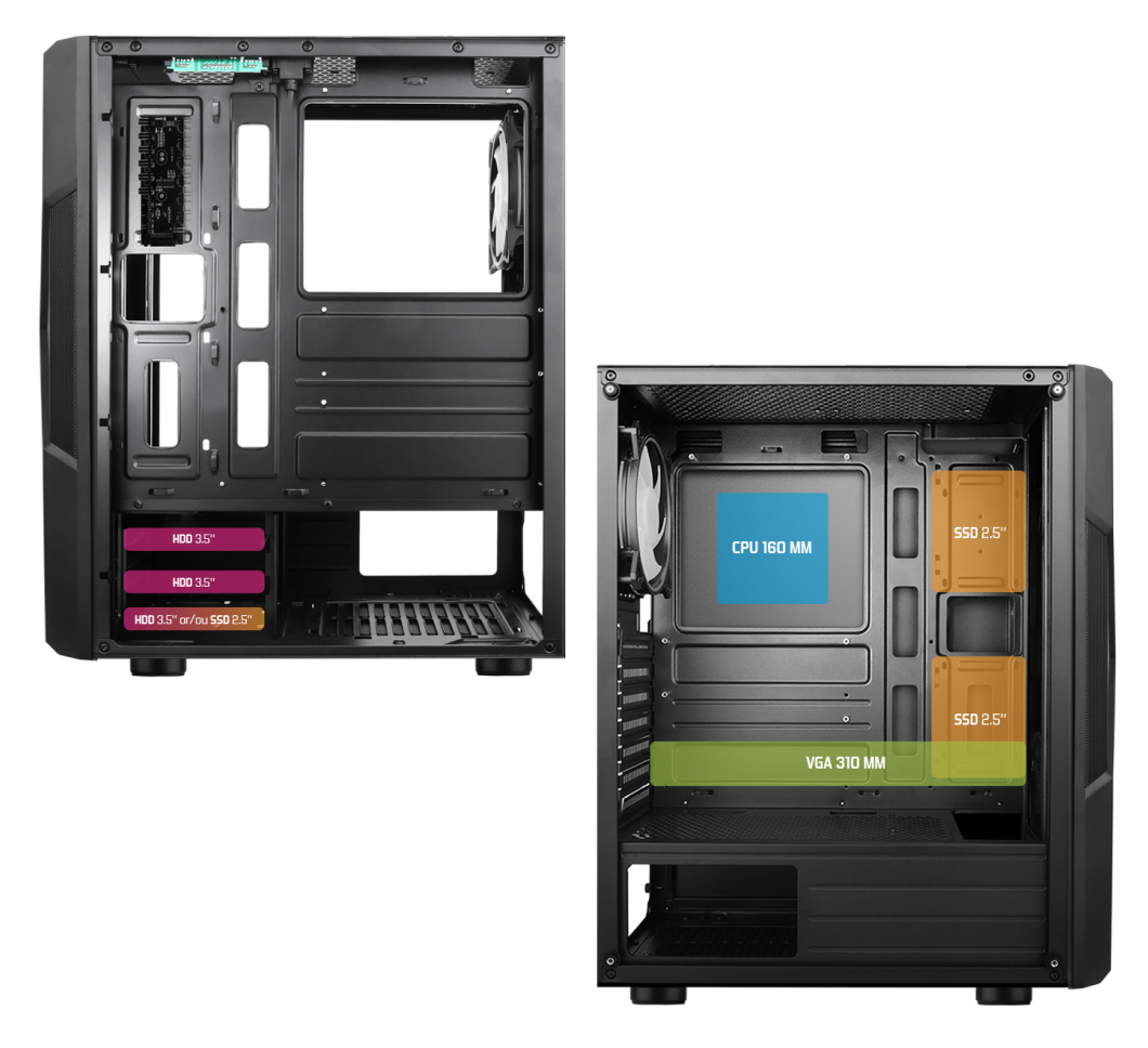 Nyitott számítógépház, feliratozott részekkel a komponensekhez: HDD, SSD és CPU.