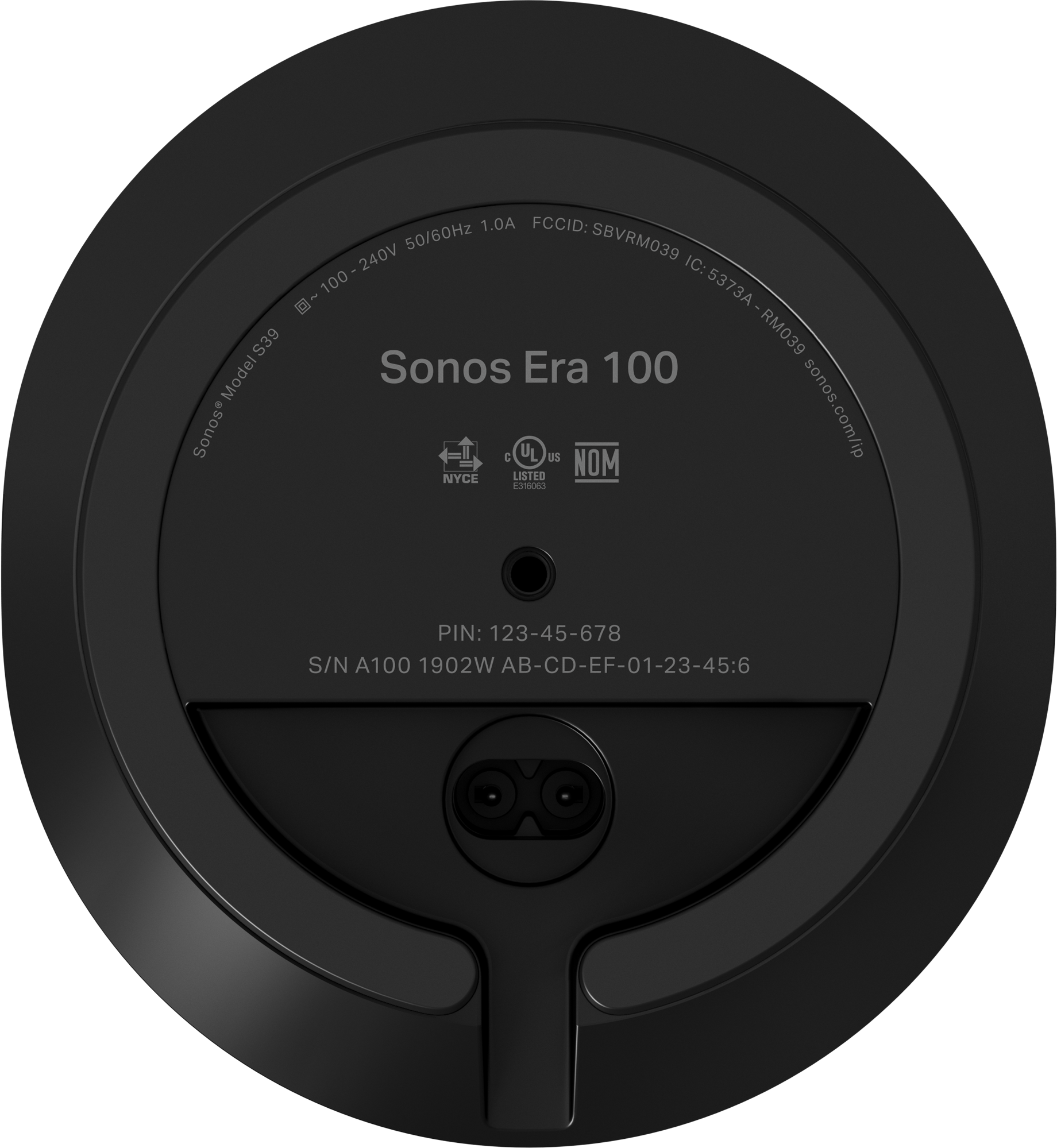 Schwarzer Sonos Era 100 Lautsprecherboden, mit Etiketten und Stromeingängen.