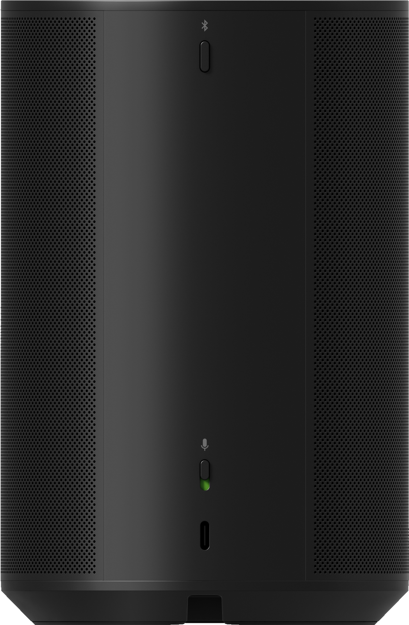 Ein schwarzer zylindrischer Lautsprecher mit Bluetooth-Symbol und Mikrofonanzeige.