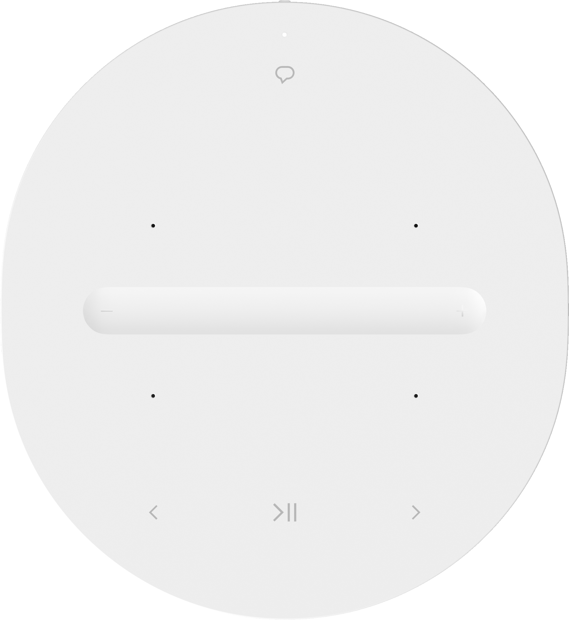 Weißer Smart Speaker mit Touch-Bedienelementen, minimalistisches Design.
