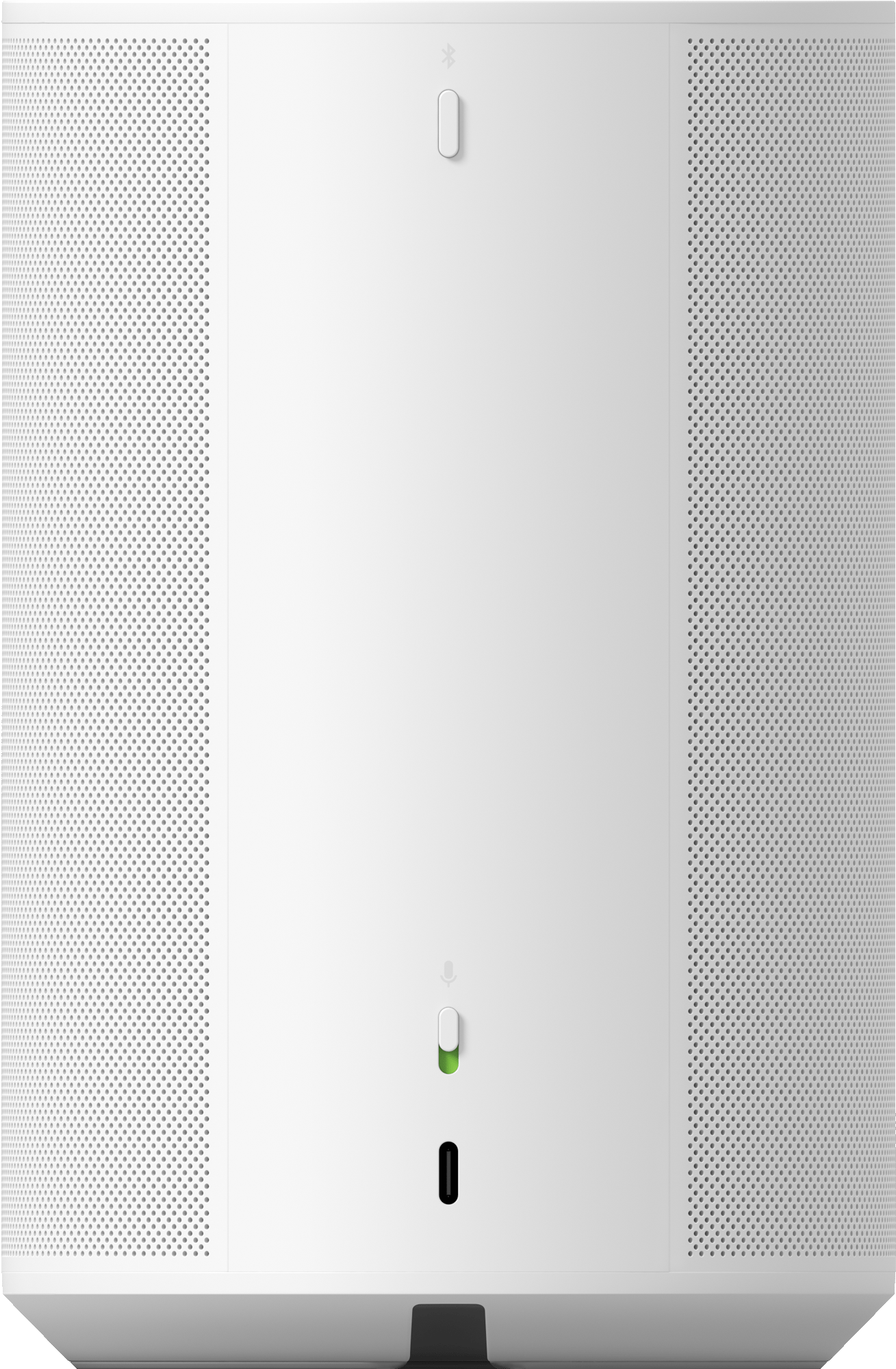 Ein weißer Turm mit einem Ein-/Ausschalter, Anschlüssen und perforierten Seiten.