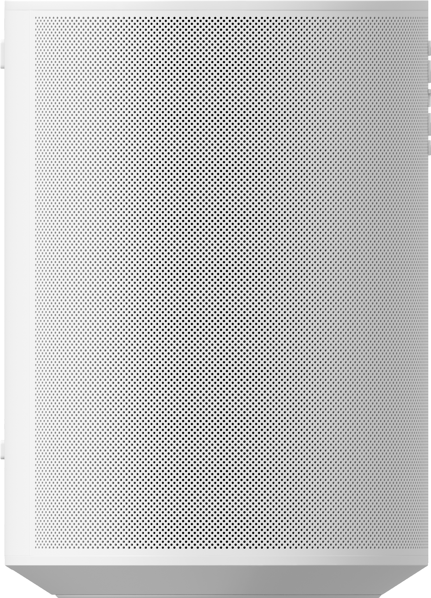 Weißer Lautsprecher mit kleinen schwarzen Löchern, ein glattes, modernes Design.