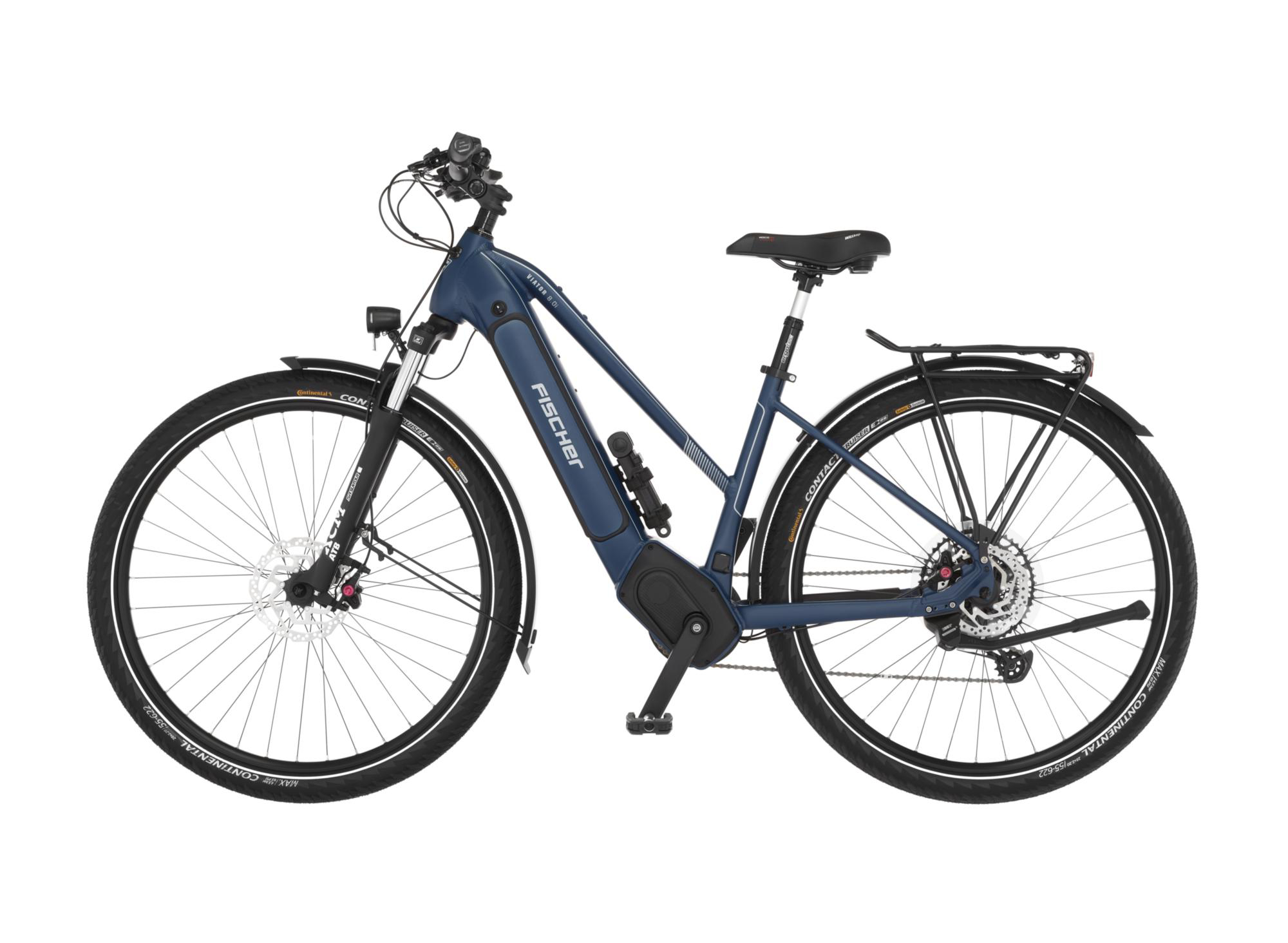 Ein blaues Fischer E-Bike, von der Seite gezeigt, auf weißem Hintergrund.