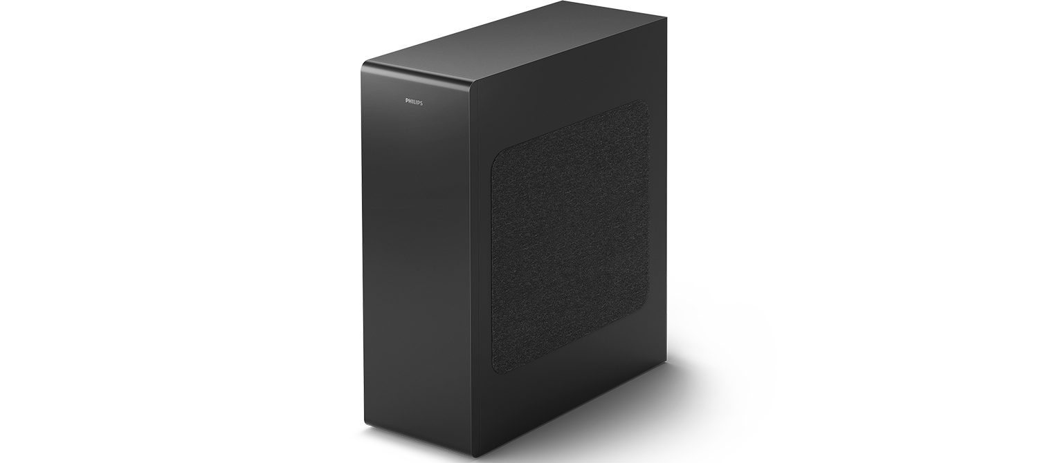 Een zwarte Philips soundbar. Het heeft een stoffen voorpaneel en een modern ontwerp. Het Philips-logo staat bovenop.