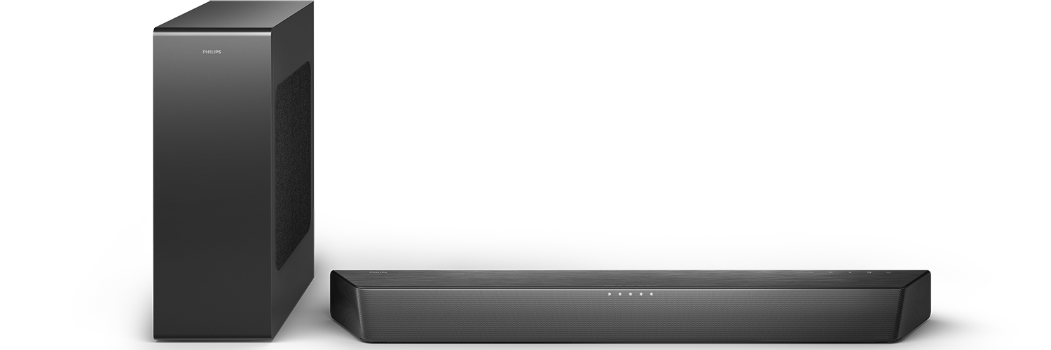 Een zwart Philips-geluidssysteem met een hoge subwoofer links en een soundbar onderaan, beide tegen een zwarte achtergrond.